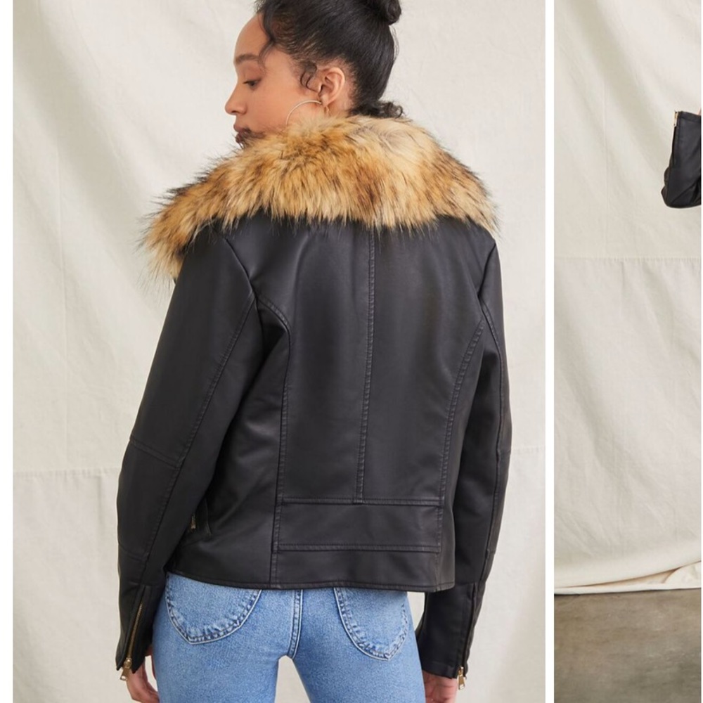 NWT Forever21 Faux Leather Biker jacket Size M Sherpa lined removable fur - Picture 5 of 11